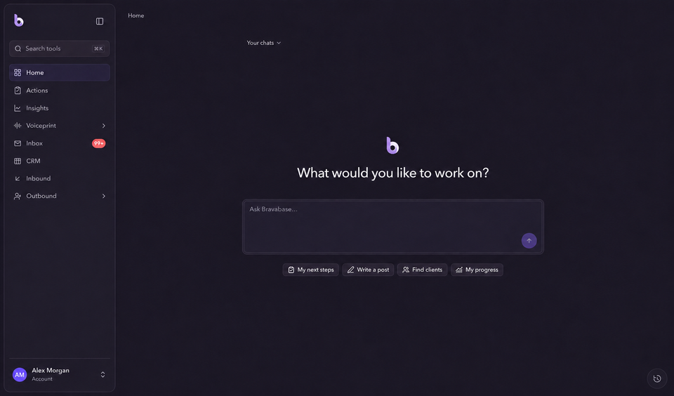 Bravabase Home dashboard. Names and personal details are fictional.